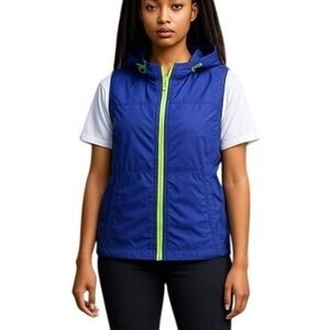 Blue Hooded Utility Vest Lime Green Zip Sleeveless Jacket